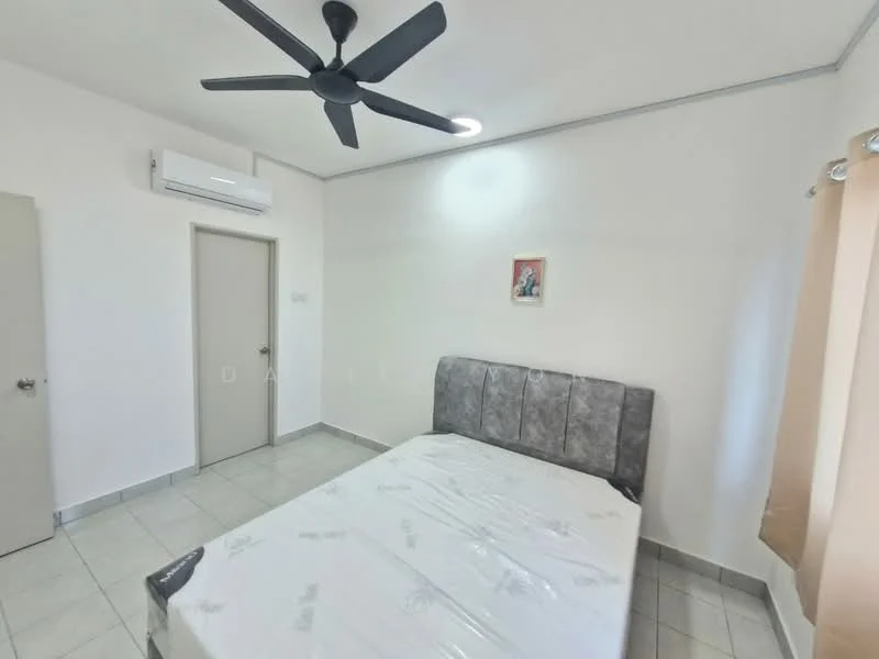 Bedroom features: queen-size bed with grey upholstered headboard, 1 wall-mounted split AC, ceiling fan with 5 blades, white painted walls, light grey ceramic tile flooring, window with beige curtains, framed artwork on wall, door to hallway; style: modern.