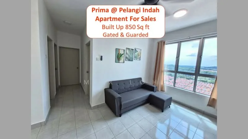 Living features: grey fabric sofa, floor-to-ceiling windows, light grey walls, white ceiling, tile flooring, curtains in beige, framed artwork on walls, natural light from windows; style: modern; view: city. Room features: light grey walls, tile flooring, white ceiling.