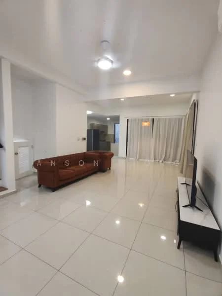 Living features: cream painted walls, white ceiling, recessed downlights, 5-blade ceiling fan with light, large sliding glass door, floor-to-ceiling curtains, glossy ceramic tile flooring, brown leather sofa, wall-mounted TV, black TV console; style: modern.