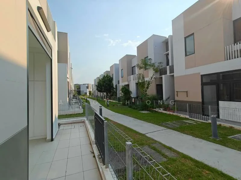 Exterior type: linked terrace house; features: two-storey linked terrace houses, cream painted facade, glass windows, manicured lawn, paved walkway, landscaped garden, fenced perimeter, sidewalk, trees along pathway; style: modern.