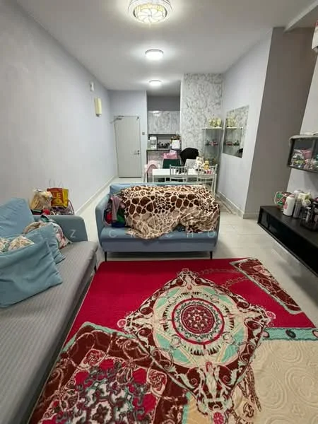 Living features: grey painted walls, white ceiling, recessed downlights, 2-seater fabric sofa in light blue, 3-seater fabric sofa with patterned throw, area rug with intricate pattern, coffee table, TV console, wall-mounted TV, decorative items on shelves, open shelving unit, marble flooring; style: modern.