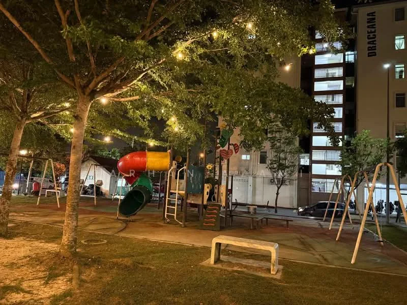 Exterior type: landscape garden; features: children's playground with slide, swing set, play equipment with climbing structure, manicured lawn, mature trees, park bench, outdoor lighting, paved walkway; style: modern.