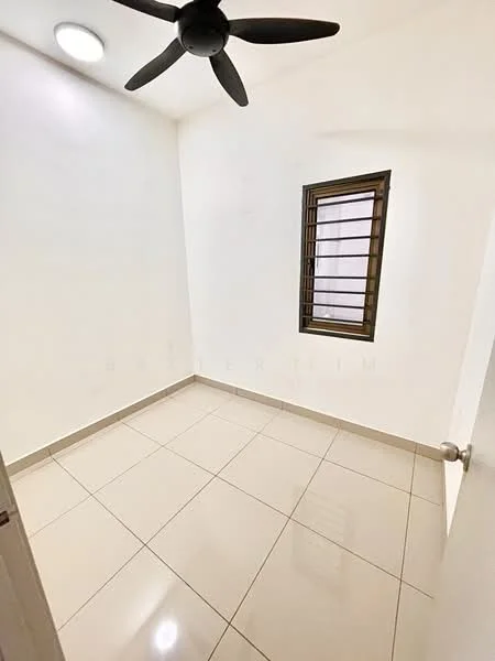 Room features: white painted walls, glossy ceramic tile flooring, ceiling light fixture, 5-blade ceiling fan, single window with metal grille, neutral color scheme, corner room, no visible furniture; style: minimalist.
