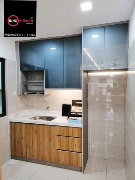 Kitchen features: single-bowl stainless-steel sink, chrome pull-down faucet, wood cabinetry with natural finish, blue upper cabinets, white countertop, ceramic tile backsplash, built-in oven, stainless-steel range hood, recessed LED downlights, wall-mounted shelves, grey ceramic tile flooring, open shelving, kitchen appliances visible; style: modern.