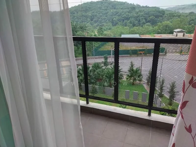 Room features: balcony with metal railing, floor tiles, view of greenery, curtains, outdoor space; view: garden.