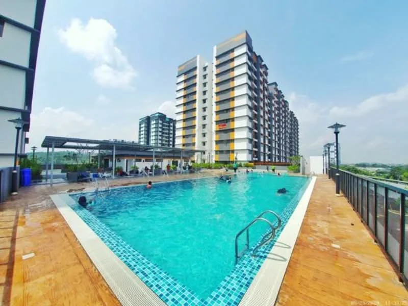 Exterior type: high-rise condominium; features: infinity pool, pool deck with loungers, surrounding landscaping, multiple storeys, balconies on upper floors, outdoor seating area, poolside lighting, manicured lawn, city skyline in background; style: modern.