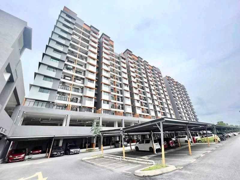 Exterior type: mid-rise condominium; features: grey painted facade, balconies with glass railings, covered parking area, multiple storeys, concrete structure, landscaped surroundings, visible cars in parking, modern architectural design; style: contemporary.