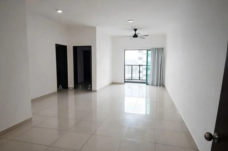 Living features: white painted walls, glossy ceramic tile flooring, 5-blade ceiling fan with light, floor-to-ceiling window, sliding glass door, curtains, neutral color palette, open layout; style: modern.