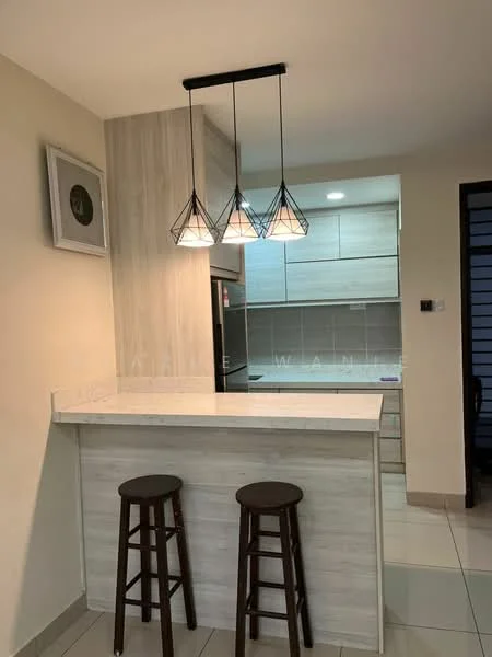 Kitchen features: white quartz countertop, wooden cabinetry, grey tiled backsplash, stainless-steel sink, chrome pull-down faucet, recessed LED downlights, 3-blade ceiling fan, pendant lighting with geometric design, bar seating with two wooden stools, cream painted walls, glossy ceramic tile flooring; style: modern.