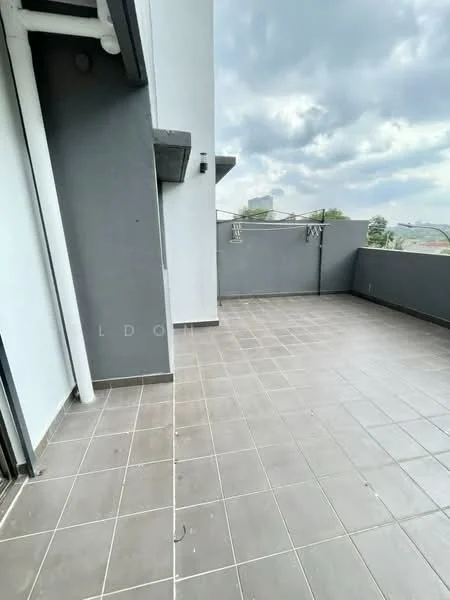 Room features: grey painted walls, grey tiled flooring, outdoor space, balcony railing, clothes drying rack, city view, overcast sky; style: modern; view: city.
