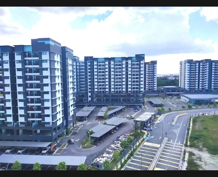 Exterior type: mid-rise condominium; features: glass curtain wall, balconies on upper floors, covered parking area, landscaped garden, manicured lawn, driveway with interlocking pavers, multiple building blocks, surrounded by greenery; style: modern.
