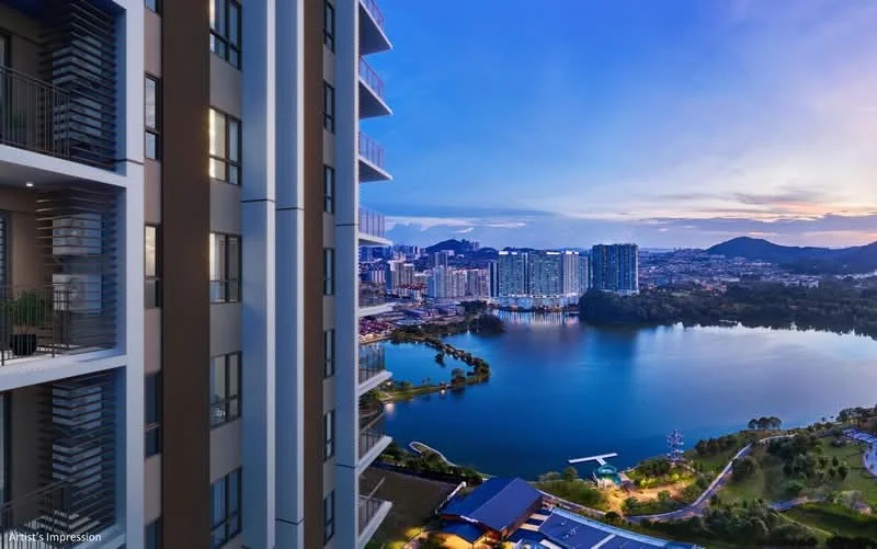 Exterior type: high-rise condominium; features: glass curtain wall, recessed balconies, waterfront view, city skyline in background, landscaped garden area, swimming pool deck, outdoor seating area, surrounded by greenery; style: modern.