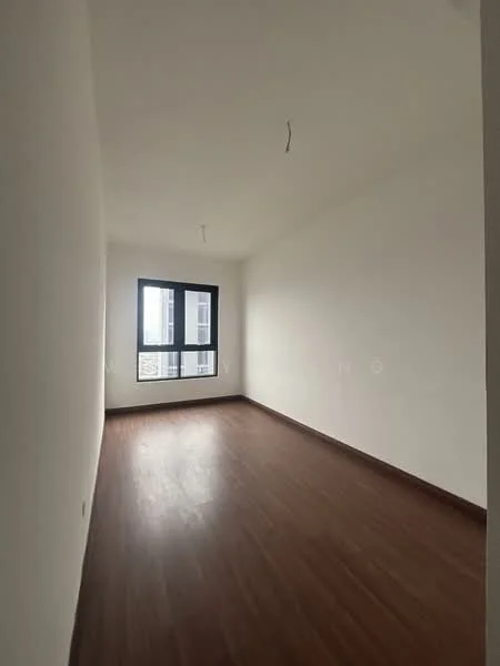 Room features: white painted walls, laminate flooring, floor-to-ceiling window, no visible ceiling fixtures, empty space.