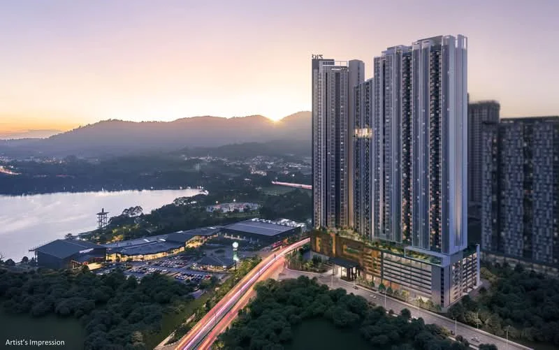 Exterior type: high-rise condominium; features: glass curtain wall, recessed balconies, landscaped garden at base, surrounded by greenery, waterfront view, multiple storeys, modern architectural design, night lighting, adjacent to road, mountain view in background; style: modern.