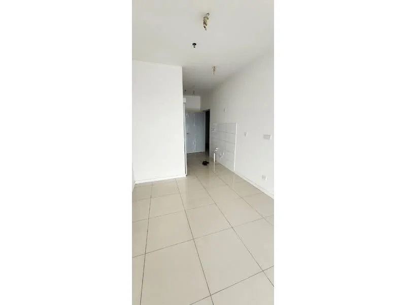 Room features: white painted walls, glossy ceramic tile flooring, ceiling lights, open layout, doorway leading to another room, no visible furniture or decor; style: modern.