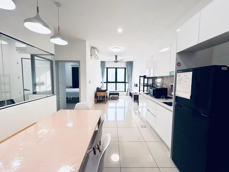 Kitchen features: white cabinetry, pink marble countertop, stainless-steel fridge, built-in oven, 4-burner gas hob, white tiled backsplash, pendant lighting, floor-to-ceiling windows, ceramic tile flooring, 1 wall-mounted split AC, open shelving, dining table with white chairs; style: modern; view: city. Living features: sofa, coffee table, TV console, area rug, floor-to-ceiling windows; style: modern; view: city.