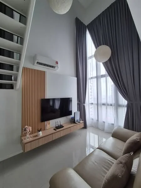 Living features: light grey walls, white ceiling, large floor-to-ceiling windows, grey curtains, cream leather sofa, wooden TV console, wall-mounted TV, air conditioning unit, decorative wall paneling, pendant light fixtures, polished tile flooring; style: modern; view: city.