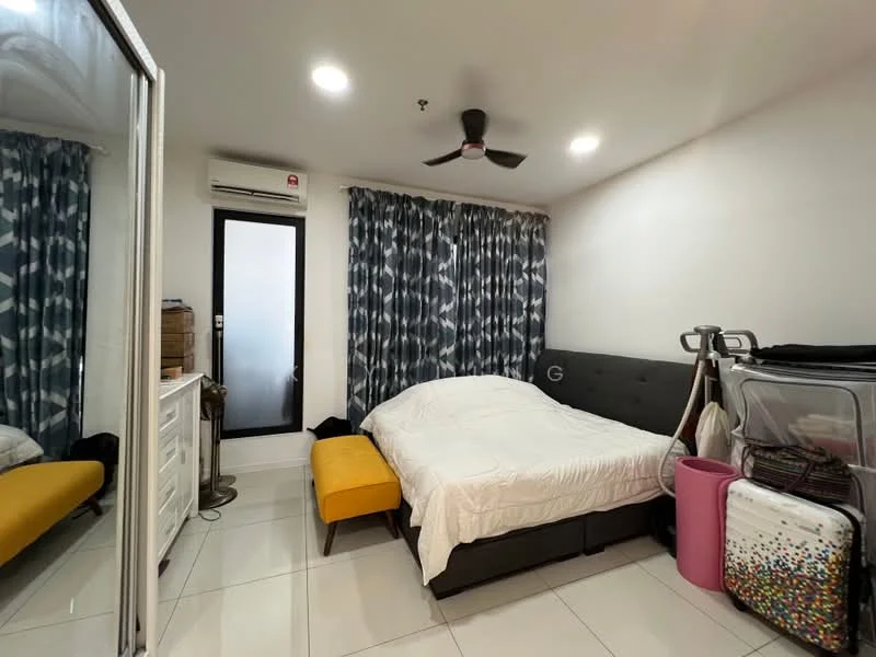 Bedroom features: queen-size bed with white bedding, upholstered headboard, 2 bedside lamps, floor-to-ceiling mirror, grey fabric sofa, white dresser, sliding glass door, curtains with geometric pattern, wall-mounted split AC, white tiled flooring, ceiling fan with light; style: modern.