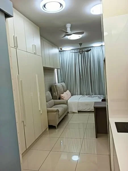 Room features: cream painted walls, white ceiling, recessed downlights, 5-blade ceiling fan, tile flooring, built-in cabinetry, sofa with beige upholstery, bed with white bedding, curtains, wall-mounted mirror; style: modern.