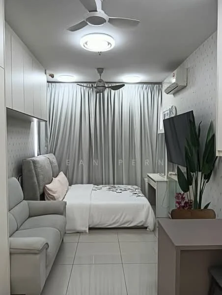 Room features: grey fabric sofa, queen-size bed with white bedding, wall-mounted TV, white bedside table, recessed ceiling lights, ceiling fan, light grey curtains, white wall with subtle pattern, glossy tile flooring, air conditioning unit; style: modern.