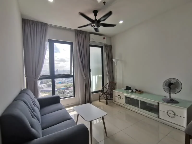 Living features: 3-seater fabric sofa in grey, white coffee table, glass-front TV console, floor-to-ceiling windows, curtains in light grey, ceiling fan with light, wall-mounted fan, tile flooring, decorative lamp, view of city skyline; style: modern; view: city.