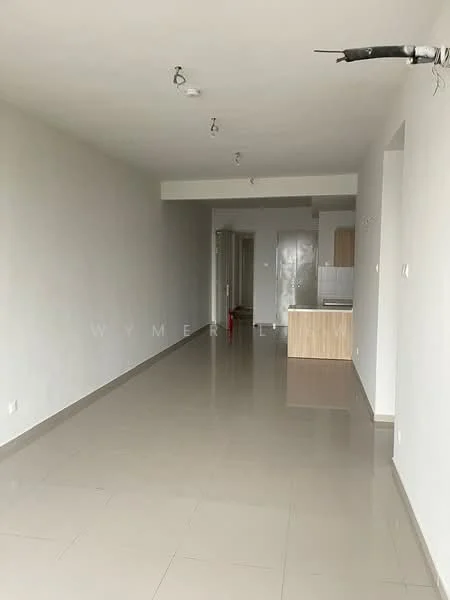 Room features: white painted walls, glossy beige tile flooring, recessed downlights, open layout, kitchen area with cabinetry, visible plumbing for kitchen, neutral color scheme, no visible furniture; style: modern.