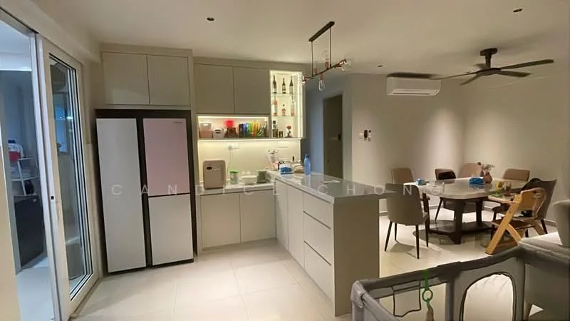 Kitchen features: white cabinetry, grey countertop, stainless-steel fridge, built-in oven, 4-burner gas hob, single-bowl stainless-steel sink, chrome pull-down faucet, open shelving, recessed LED downlights, pendant light, tile flooring, wall-mounted split AC; style: modern. Dining features: 6-seater dining table, upholstered dining chairs, high chair, decorative items on table; style: modern.