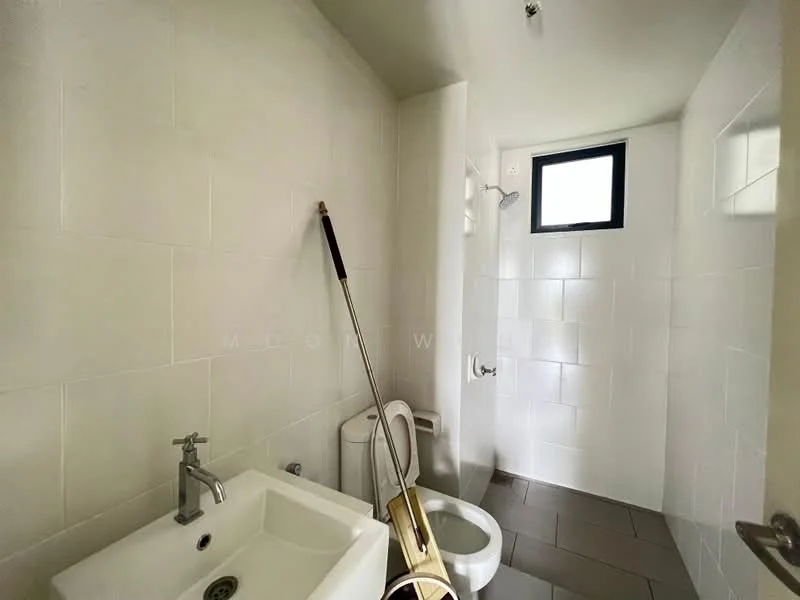 Bathroom features: white tiled walls, grey tiled flooring, single-bowl sink, chrome faucet, toilet, shower area with wall-mounted shower head, small window, mirror above sink; style: modern.