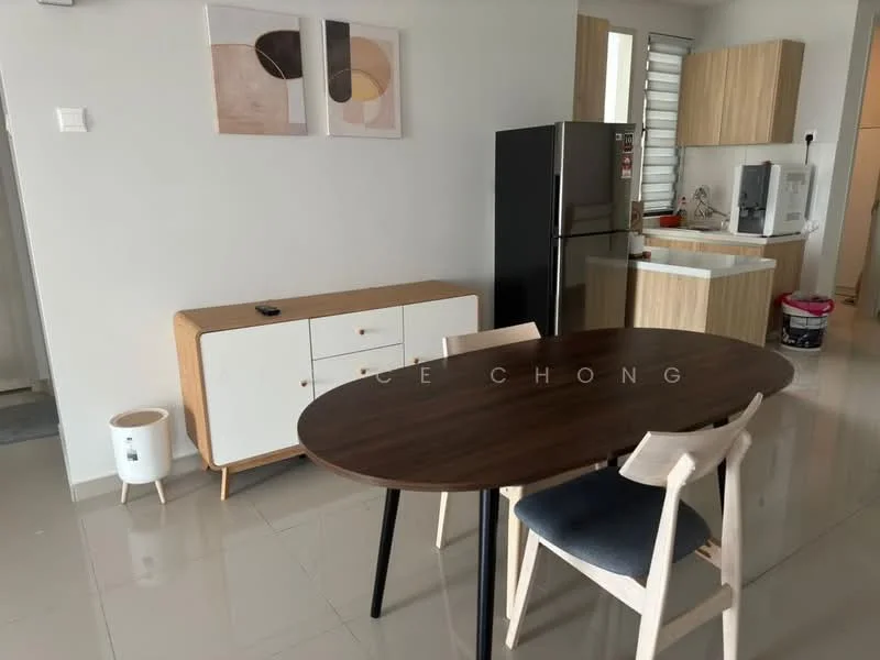 Dining features: round wooden dining table, 4 dining chairs with light wood legs and dark cushions, white sideboard cabinet with wooden legs, stainless-steel refrigerator, white kitchen cabinetry, grey tiled flooring, wall-mounted artwork with abstract design, open kitchen layout; style: modern.