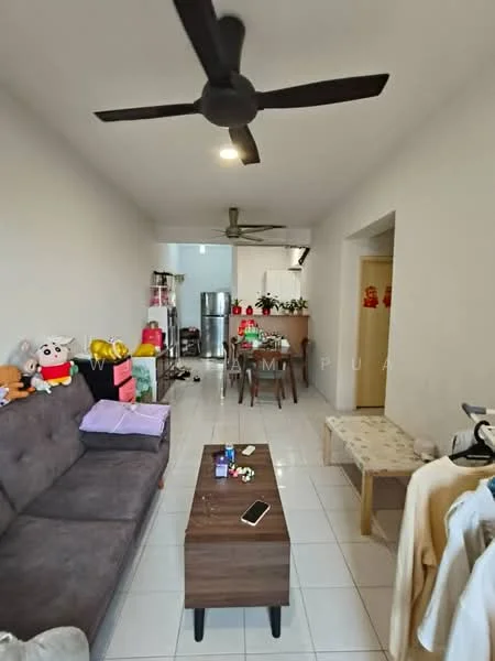 Living features: 3-seater fabric sofa in grey, wooden coffee table, wall-mounted TV, ceiling fan with light, white painted walls, white tiled flooring, decorative wall art, open shelving unit, dining table with chairs, refrigerator, decorative items on shelves, clothing rack; style: modern.