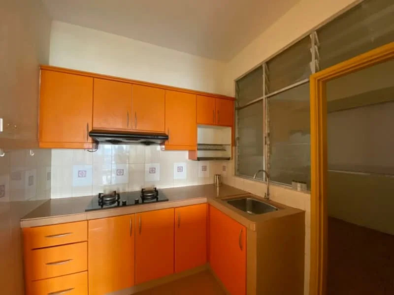 Kitchen features: orange cabinetry, stainless-steel sink, chrome faucet, granite countertop, 2-burner gas hob, exhaust hood, white tiled backsplash, window with metal frame, light-colored flooring; style: modern.