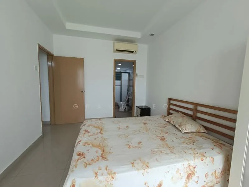 Bedroom features: queen-size bed with floral bedding, white painted walls, cream tiled flooring, 1 wall-mounted split AC, built-in wardrobe, window with view to hallway, ceiling with recessed lighting, door leading to hallway; style: modern.