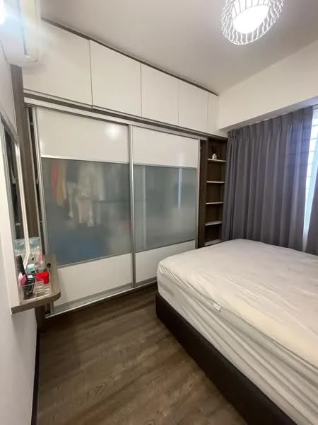 Bedroom features: queen-size bed, built-in wardrobe with sliding doors, wooden flooring, grey curtains, ceiling light fixture, wall-mounted mirror, open shelving unit, air conditioning unit; style: modern.