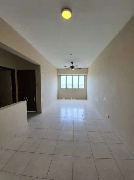 Room features: white painted walls, tile flooring, 5-blade ceiling fan, large windows, natural light, neutral color scheme, open layout, no visible furniture; style: modern; view: city.