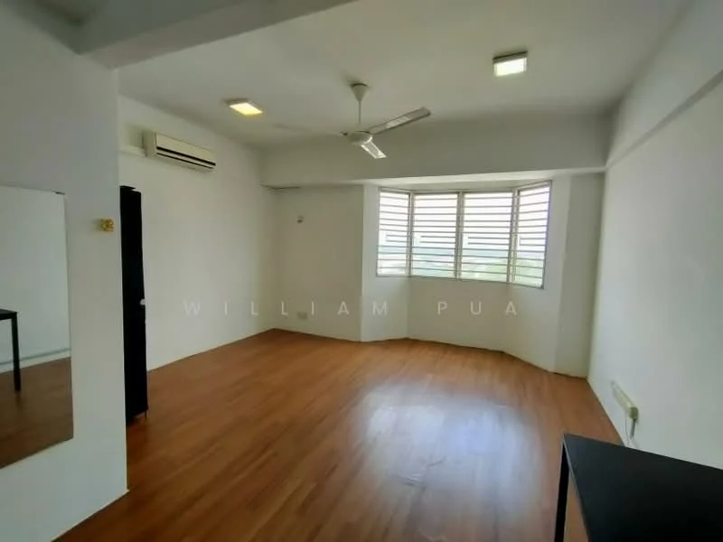 Room features: laminate flooring, white painted walls, 5-blade ceiling fan with light, floor-to-ceiling windows, window with horizontal slats, 1 wall-mounted split AC, mirror on wall, black table, natural light from windows; style: modern; view: city.