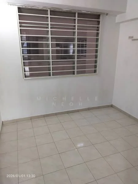 Room features: white painted walls, tile flooring, window with metal grilles, neutral color scheme, no visible furniture, corner wall shelf, natural light from window; style: minimalist.