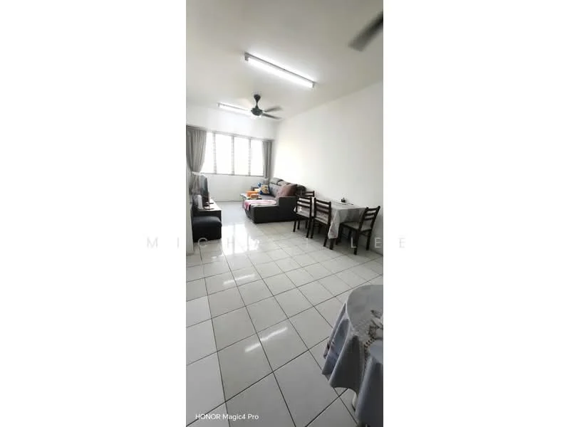 Living features: white painted walls, glossy white tile flooring, ceiling fan, large windows with sheer curtains, sofa, dining table with chairs, decorative tablecloth, area rug, wall-mounted light fixtures; style: modern.