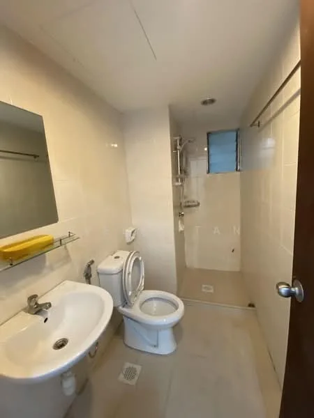 Bathroom features: white tiled walls, cream tiled flooring, single-sink vanity with mirror, chrome basin mixer faucet, one-piece toilet, walk-in shower with glass partition, shower head, towel rack, glass shelf, window for natural light; style: modern.