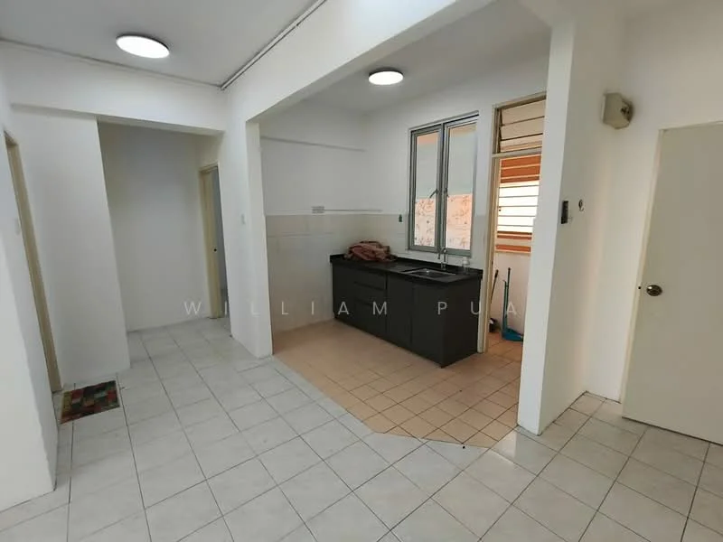Room features: white painted walls, ceramic tile flooring, single-bowl stainless-steel sink, black cabinetry, window with natural light, doorway leading to another room, light fixture in ceiling, open layout; style: modern.