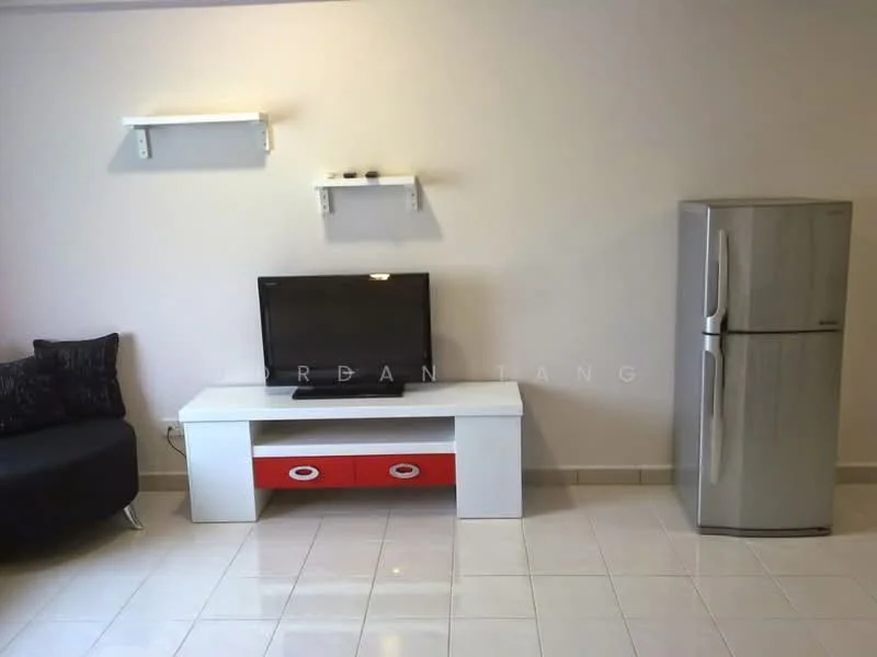 Living features: black fabric circular sofa, white TV console with red drawers, flat-screen TV, stainless-steel fridge, white tiled flooring, wall-mounted shelves, neutral painted walls, recessed lighting; style: modern.