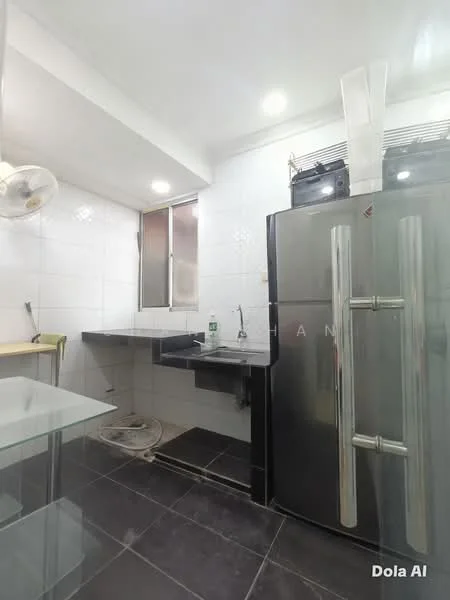 Kitchen features: white tiled walls, black ceramic tile flooring, single-bowl stainless-steel sink, chrome pull-down faucet, stainless-steel fridge, kitchen countertop, window with sliding glass, ceiling-mounted exhaust fan, under-cabinet lighting; style: modern.