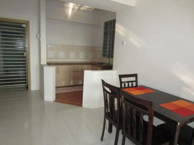 Dining features: dining table with four chairs, white tiled flooring, light-colored walls, kitchen counter with cabinetry, window with sheer curtains, open layout to kitchen, orange and red placemats on table; style: modern. Kitchen features: light wood cabinetry, countertop with backsplash, sink, stainless-steel faucet, kitchen appliances visible, tile flooring, window; style: modern.