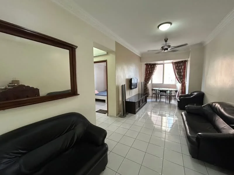 Living features: black leather 3-seater sofa, black leather 2-seater sofa, wall-mounted TV, white tiled flooring, ceiling fan with light, large window with sheer curtains, decorative mirror, dining table with chairs, wall-mounted entertainment unit; style: modern. Room features: white painted walls, doorway leading to bedroom.