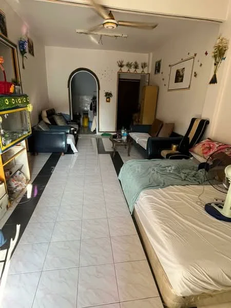 Living features: white tiled flooring, cream painted walls, ceiling fan, sofa in dark blue, 2-seater sofa in beige, coffee table, TV console, decorative wall art, arched doorway, built-in shelving unit, area rug, green throw blanket.