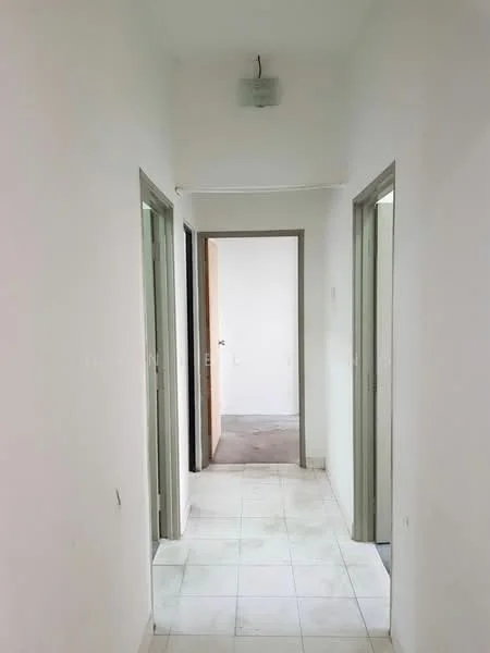 Hallway features: white painted walls, tile flooring, ceiling light fixture, door frames, multiple doorways, neutral color scheme.