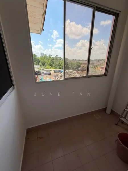 Room features: white painted walls, tile flooring, large windows, natural light, view of outdoor area, empty space, no visible furniture, corner location; view: garden.