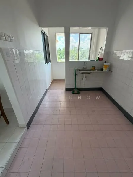 Kitchen features: pink tiled flooring, white tiled walls, single-bowl stainless-steel sink, chrome pull-down faucet, window with view of greenery, countertop with cleaning supplies, open layout, natural light from window; view: garden.
