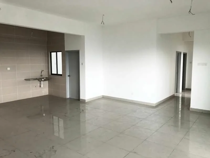 Room features: white painted walls, grey tiled flooring, single-bowl stainless-steel sink, window with black frame, door leading to another room, open layout, high ceiling, no visible lighting fixtures; style: modern.