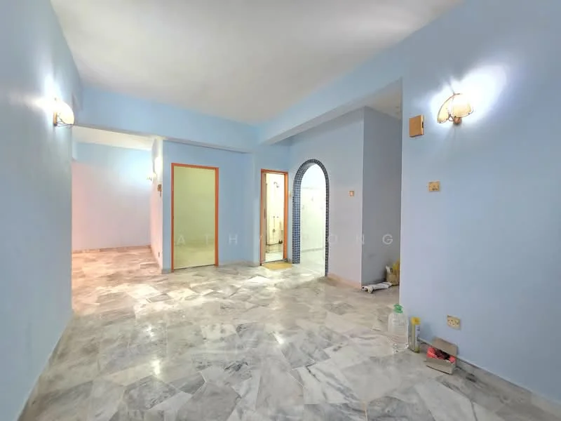 Room features: light blue painted walls, marble flooring, arched doorway, two wall sconces, open layout, visible bathroom door, neutral ceiling, no visible furniture; style: modern.