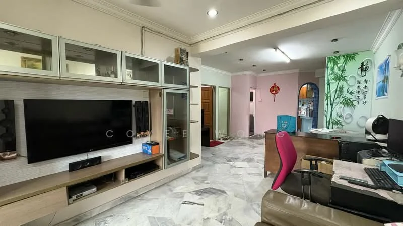 Living features: marble flooring, white painted walls, built-in entertainment unit, wall-mounted TV, glass display cabinets, sofa, area rug, ceiling lights, decorative wall art, open layout to adjacent room; style: modern. Study features: wooden desk, computer monitor, office chair, printer, shelves, decorative wall art; style: modern.